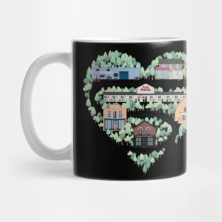 I Love the Town of Schitt's Creek, where everyone fits in. From the Rosebud Motel to Rose Apothecary, a drawing of the Schitt's Creek Buildings Mug